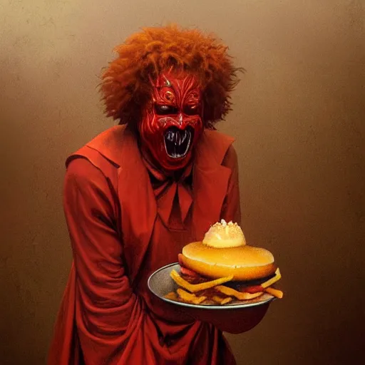 Prompt: A Satanic Ronald McDonald eating a hamburger and fries, horror, intricate, moody, highly detailed, artstation, concept art, smooth, sharp focus, illustration, art by greg rutkowski and orientalism and bouguereau and Zdzislaw Beksinski, good clear quality, lighting, biology, symmetrical artwork, slop, evil, 135 mm, cinematic, hyper realism, high detail, octane render, 8k, chrome accents