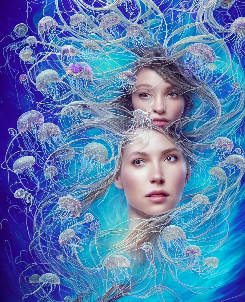 Image similar to close-up portrait of the face of a beautiful princess, surrounded by intricate twisted flowers orchid jellyfish and energy flow, water and plasma flow splashes, epic angle and pose, symmetrical artwork, 3d with depth of field, blurred background, floating jellyfish skull phoenix bird, translucent, nautilus, energy flows of water and fire. a highly detailed epic cinematic concept art CG render. made in Maya, Blender and Photoshop, octane render, excellent composition, cinematic dystopian brutalist atmosphere, dynamic dramatic cinematic lighting, aesthetic, very inspirational, arthouse. y Greg Rutkowski, Ilya Kuvshinov, WLOP, Stanley Artgerm Lau, Ruan Jia and Fenghua Zhong