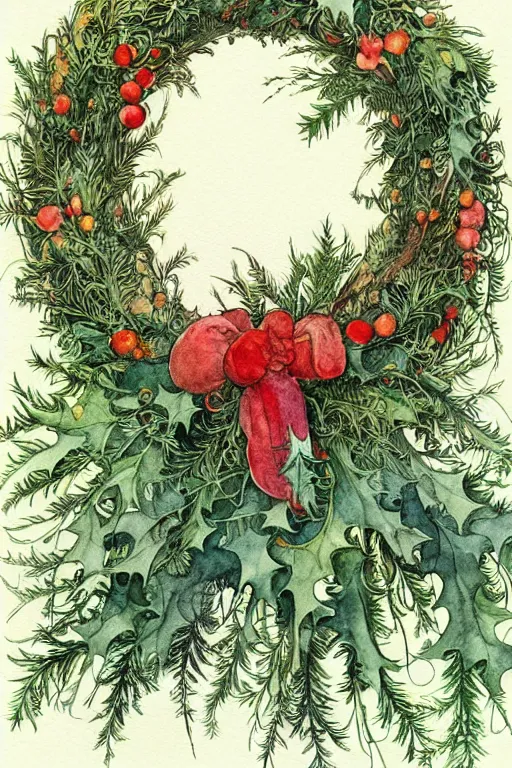 Image similar to realistic watercolor painting of a wreath of holly on a white background, detailed art by kay nielsen and walter crane, illustration style, watercolor