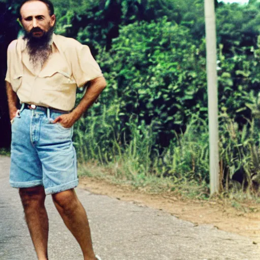 Image similar to fidel castro wearing denim shorts, full body portrait, 3 5 mm film, by nan goldin