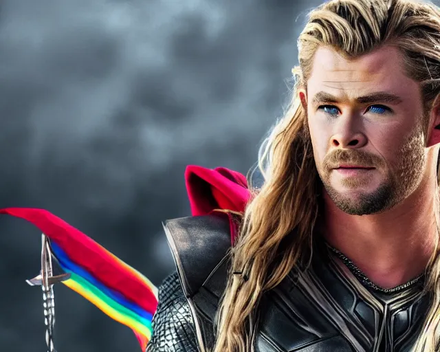 Image similar to Chris Hemsworth thor as a drag queen makeup, gay parade background, cinematic shot, 8k resolution, hyper detailed