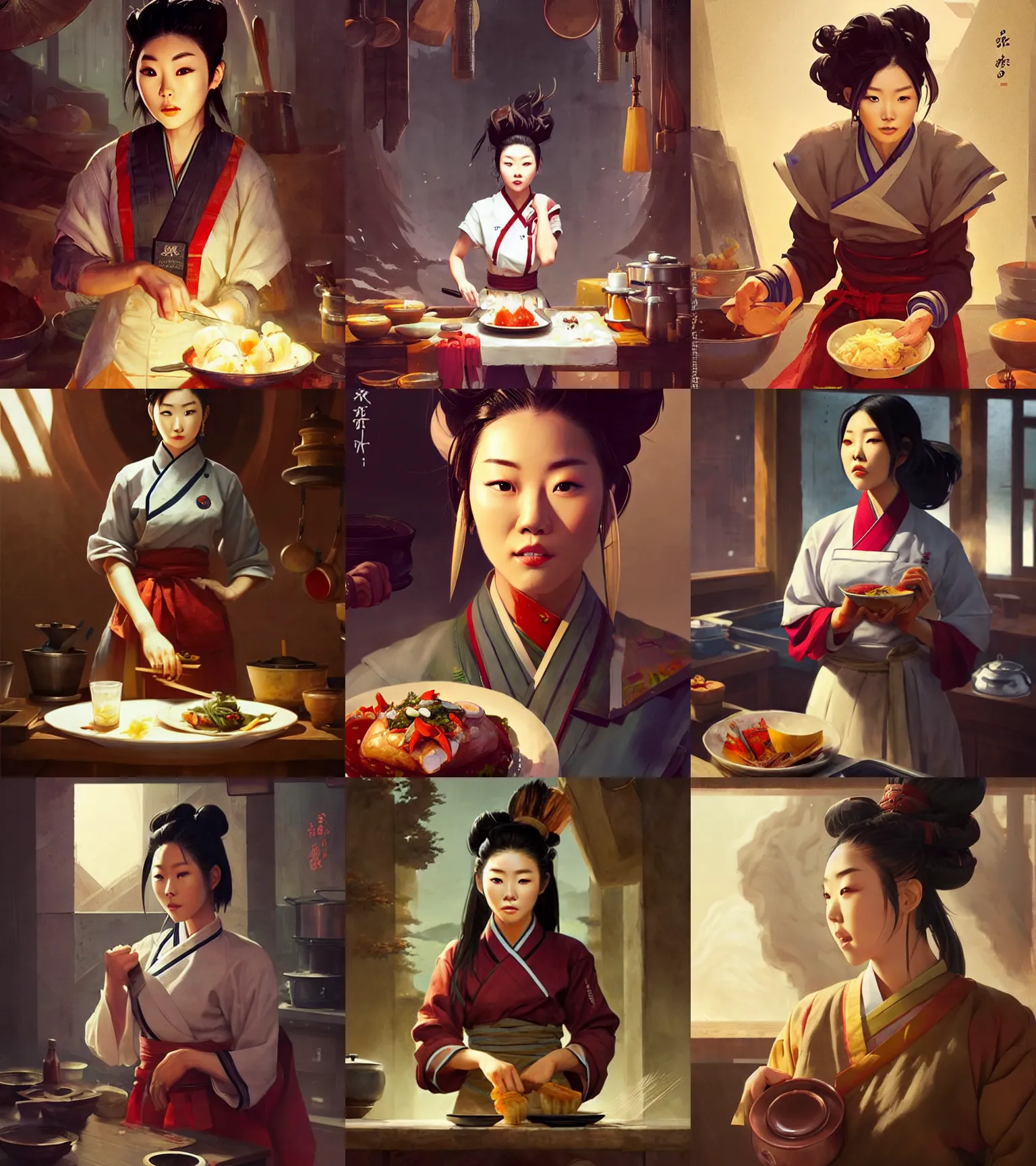 Prompt: a portrait of arden cho chef character in a scenic k - pop kitchen environment by marco bucci and greg rutkowski and frank frazetta, sharp focus, detailed, cinematic, k - pop hanbok