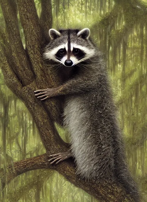 Prompt: a swamp raccoon, on a tree, by james gurney, brad kunkle, charlie bowater, highly detailed digital art, artstation