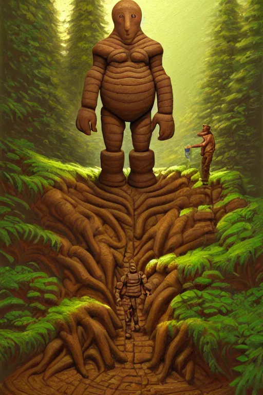 Prompt: classic oil painting, a golem made of sloppy clay, as a dnd character, on a forest trail, cottagecore, highly detailed, digital illustration, concept art, smooth, sharp focus, art by tim hildebrandt, and greg hildebrandt