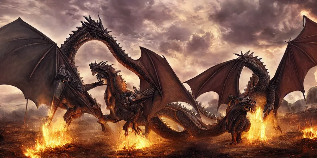 Prompt: big ancient dragon breathing fire onto medieval knights in a epic battle on the battlefield, high detail, high definition, photorealistic, 8k