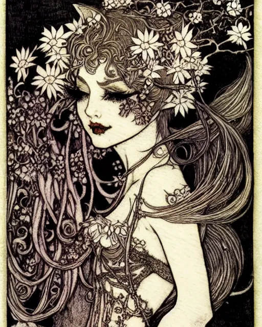 Image similar to burlesque elf, flowers in hair, fantasy character portrait, ultra realistic, concept art, intricate details, art nouveau, japanese woodblock, cinematic, highly detailed by arthur rackham