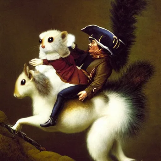 Image similar to a giant fluffy squirrel carrying napoleon bonaparte on its back, by sophie anderson