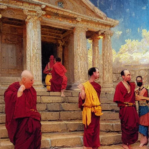 Prompt: 8 0 s buddhist priests on greek senete counsil in baroque painting, painting by gaston bussiere, craig mullins