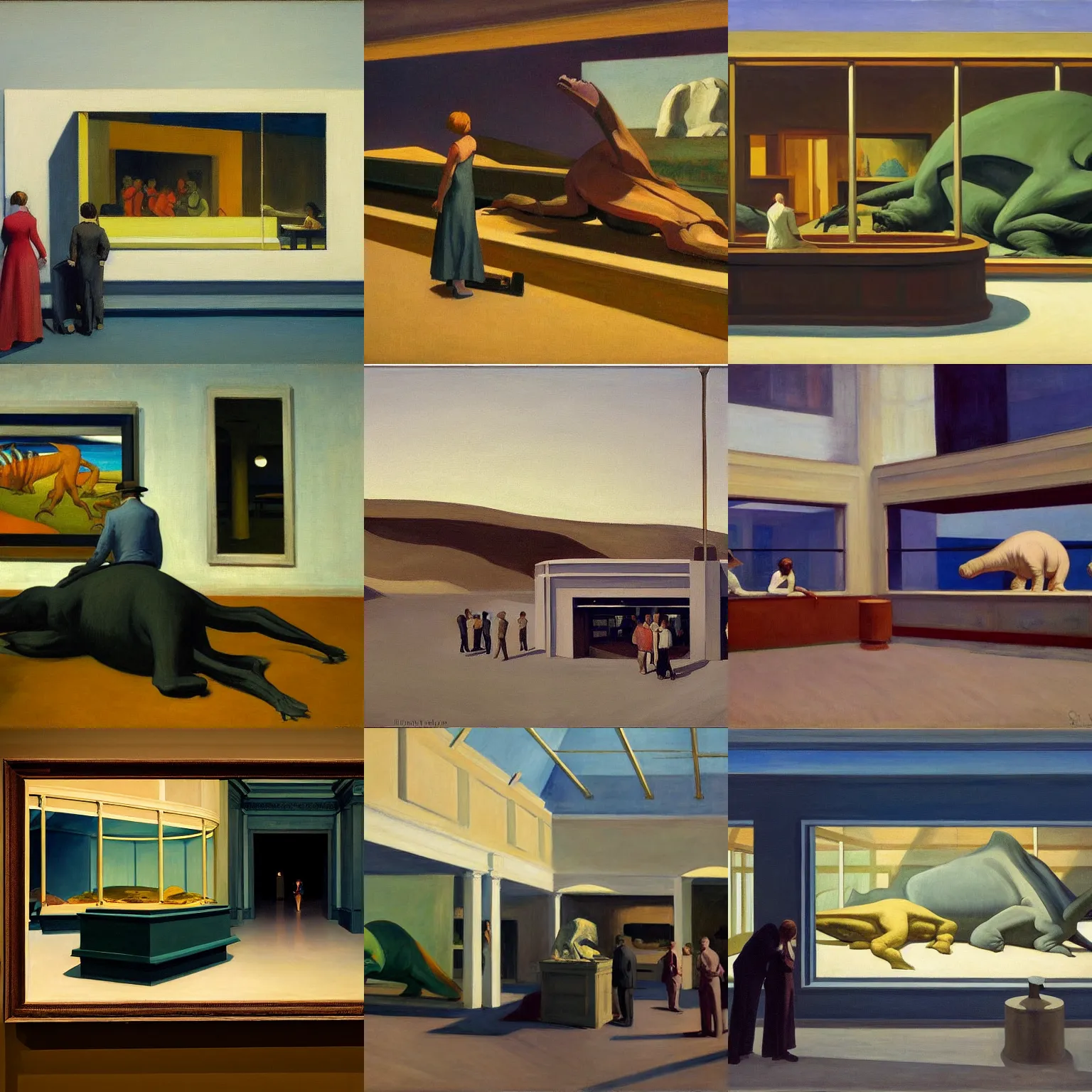 Prompt: A painting of an exhibit at the Royal Tyrrell Museum by Edward Hopper