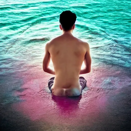 Prompt: Surrealism, a beautiful young man, piercing, dragon tattoo on the body, meditating over the surface of the pink ocean