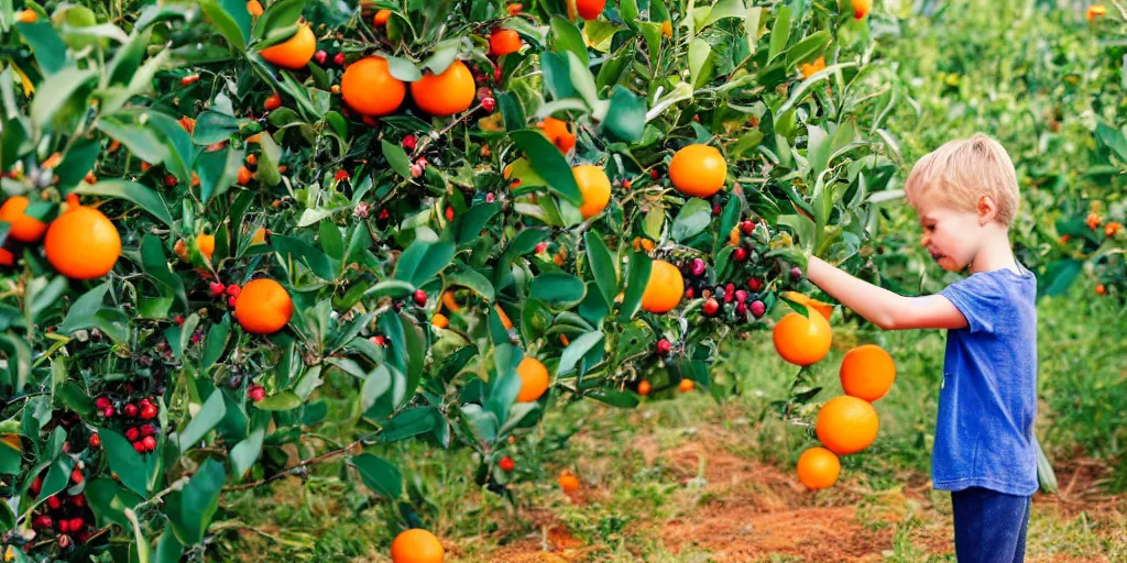 Image similar to a small child picking blueberries in a field growing an orange tree with red, green and yellow oranges hanging on it, on a bright and sunny morning