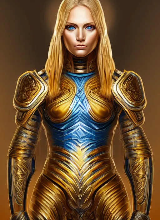 Prompt: golden armor full - body portrait of slavic young woman warrior, front, symmetrical, extremely detailed face, beautiful face, blonde hair, blue eyes, digital painting, true anatomy, behance art by zubkov