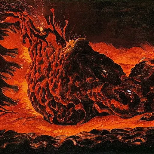 Prompt: nightmarish mutated creatures surrounding magical cursed shimmering lava in an awful hell, by caravaggio