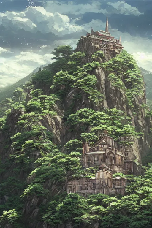 Image similar to a highly detailed matte painting of a post - apocalyptic monastery at the top of a jagged mountain with a giant sickly green sakura trees blooming at the peak by studio ghibli, makoto shinkai, by artgerm, by wlop, by greg rutkowski, volumetric lighting, octane render, 4 k resolution, trending on artstation, masterpiece