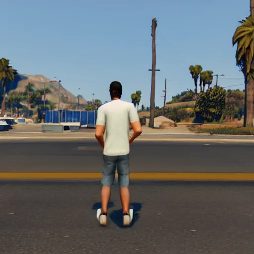 Image similar to A screenshot of a man with short brown hair, blue shirt, blue jeans, and white shoes in GTA 5