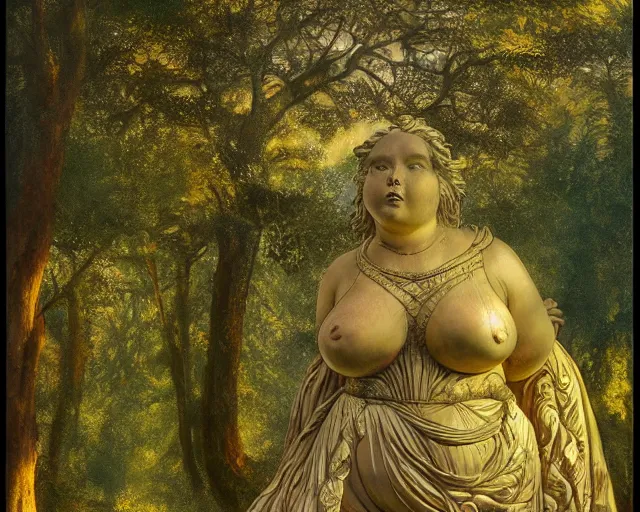 Image similar to Ancient statue lost in the heart of the forest depicting to the chubby ancient goddess of earth and trees wearing silks and leaves | dramatic light | cinematic lighting | sunshafts, volumetric lighting | golden hour | style of donato giancola