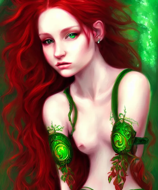 Image similar to Fae teenage girl, portrait, face, long red hair, green highlights, fantasy, intricate, elegant, highly detailed, digital painting