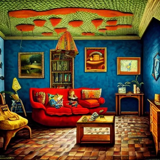 Prompt: a painting of a living room filled with furniture, a surrealist painting by jacek yerka, cgsociety, fantastic realism, surrealist, detailed painting