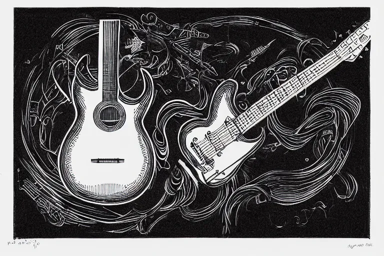 Prompt: a technical drawing of a guitar designed by by Joe Fenton, black ink on textured paper, high detail, blueprint, intricate