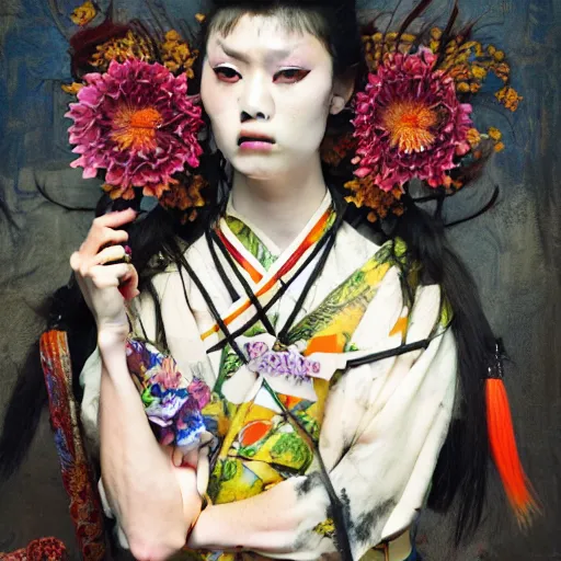 Prompt: portrait of a samurai warrior, goth punk, floral flowers, vibrant colors, surreal, a french baroque by jean paul gaultier, art by john collier by greg rutkowski and john william waterhouse, oil on canvas