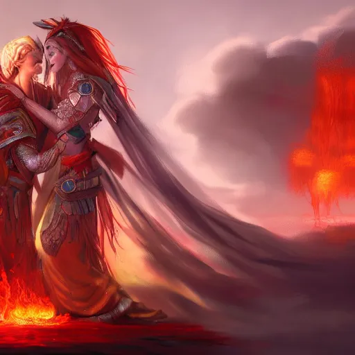 Image similar to flaming warrior queen giving someone a hug, wholesome and caring, happy, digital art, artstation, concept art, 4 k, 8 k