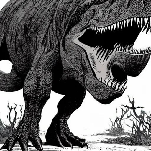 Image similar to tyrannosaurus rex standing in a prehistoric savannah, concept art by frank miller