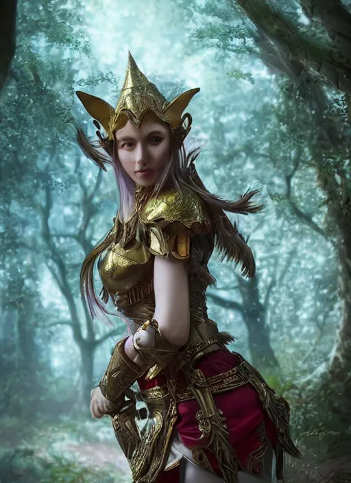 Image similar to Beautiful art portrait of a female fantasy elf noble in plate armour in a bright temple surrounded by lush forest, atmospheric lighting, intricate detail, cgsociety, hyperrealistic, octane render, RPG portrait, ambient light, dynamic lighting