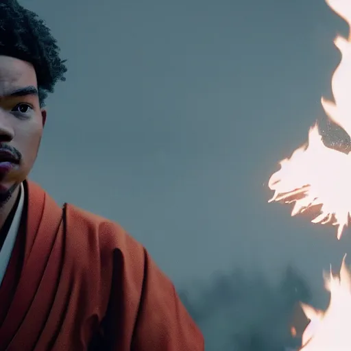 Image similar to cinematic film still of Chance The Rapper starring as a Samurai holding fire, Japanese CGI, VFX, 2022, 40mm lens, shallow depth of field, film photography