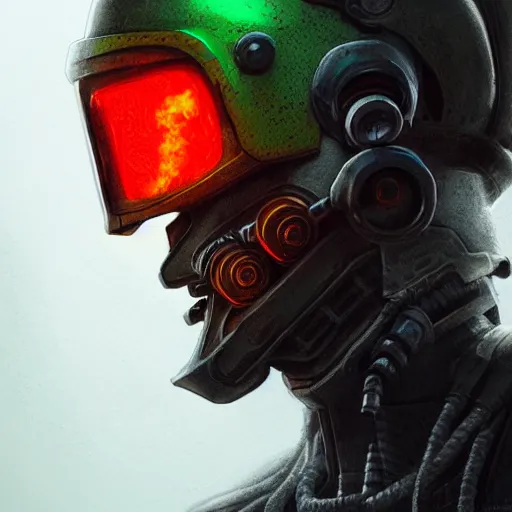 Image similar to helmet cyberpunk made of green lava and fire, profile portrait, cyberpunk fashion, character design humanoid, realistic shaded perfect face, fine details, very dark environment, misty atmosphere, closeup, d & d, fantasy, intricate, elegant, highly detailed, digital painting, artstation, concept art, matte, sharp focus, illustration, hearthstone, art by artgerm and greg rutkowski