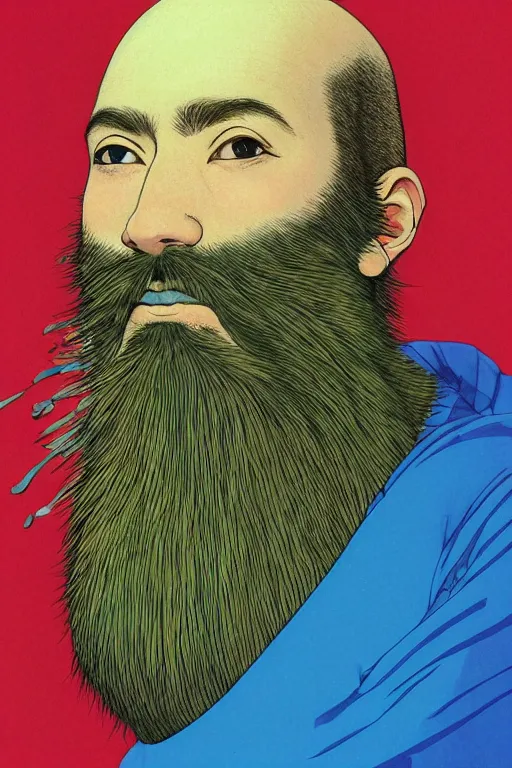 Image similar to a colorful closeup portrait of a young bald man with a very long wild beard dreaming psychedelic hallucinations in the vast icy landscape of antarctica, by kawase hasui, moebius and edward hopper, colorful flat surreal design, hd, 8 k, artstation