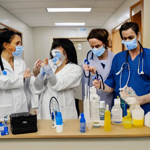 Image similar to doctors playing music with medical supplies, made out of clear tubing, syringes, urine collection bag, iv pole, fluid bag, nebulizer equipment, bag - valve mask, intubation equipment, speculum, defibrillator, flexiseal.