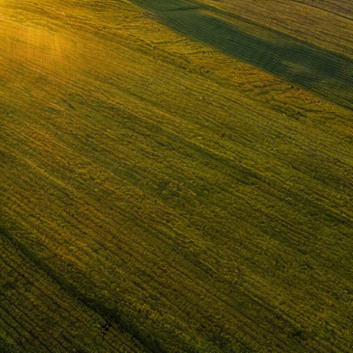 Prompt: an aerial shot of a rural landscape with fields and cows, Sunset, tilt shift