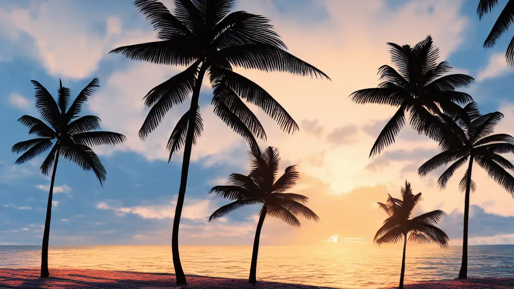 Image similar to sunset over a beach with palm trees, dramatic lighting, 8k uhd, raytracing, unreal engine, octane render, picturesque, extremely detailed