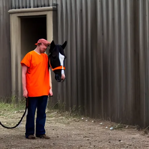 Prompt: horse with orange inmate clothes, in a jail