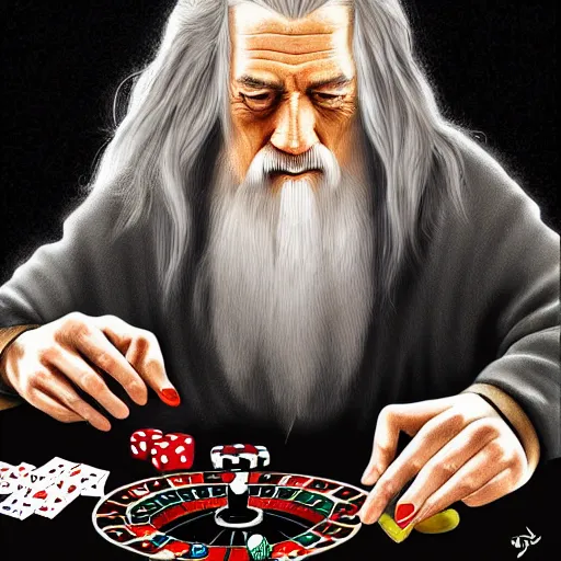 Prompt: gandalf playing poker, casino highly detailed, digital art,