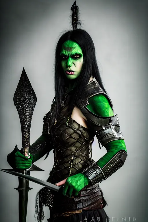 Prompt: very beautiful female orc top model, dark green hair and skin, wearing valentin yudashkin gothic victorian armor with blades and swords, luxury materials, symmetrical, cinematic, elegant, professional studio light, real dlsr photography, sharp focus, 4 k, ultra hd, sense of awe, high fashion