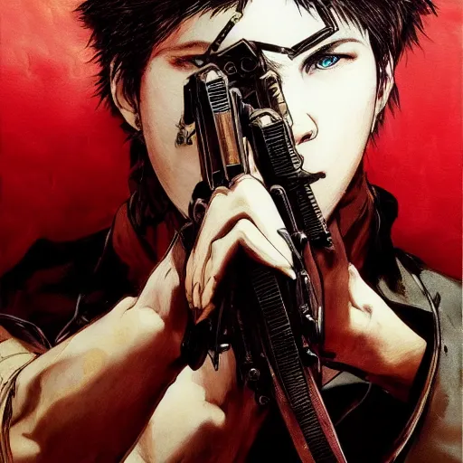 Image similar to portrait of a young white hero using his right arm to grip a katana that is covering his eye by yoji shinkawa, high quality, extra details, realism, ornate, colored, golden chain, blood, white skin, short hair, brown eyes, vivid, sunlight, red headband, black eyepatch, white american soldier, painting, cybernetics, military