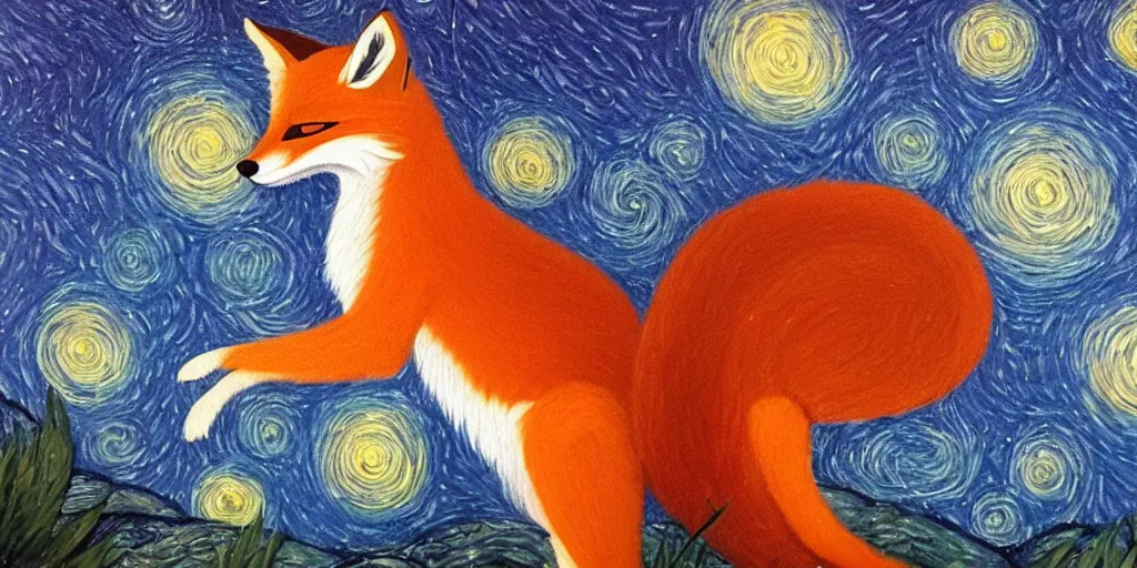 Image similar to a painting of a fox looking up at the stars in the style of Starry Night, highly detailed, trending on artstation