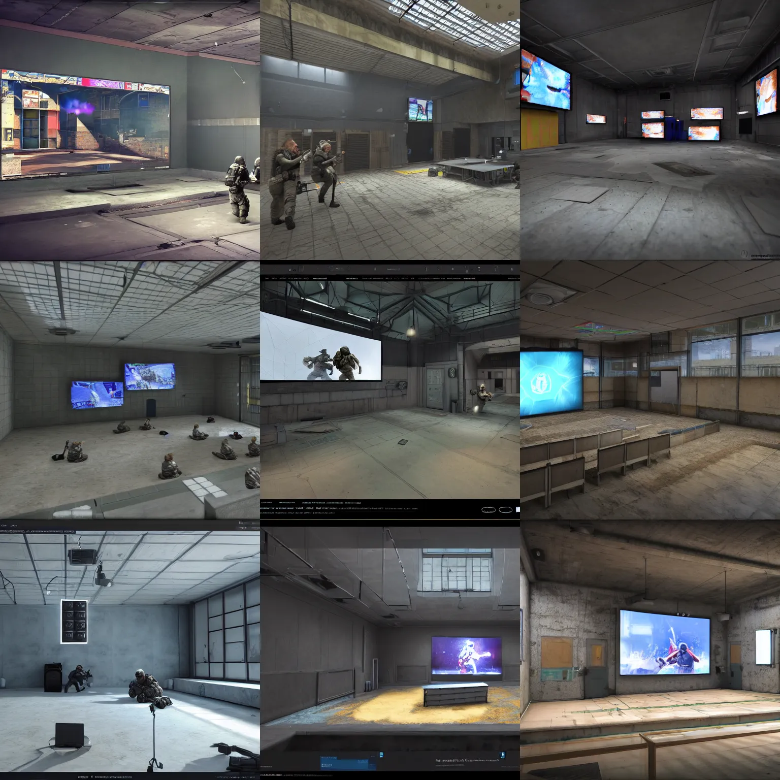 Prompt: digital concept art of a very small!!! counter - strike dedust show venue with a large bright screen in front of twenty people, realistic, octane render, high detail, environment, sharp focus, artstation