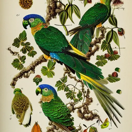 Image similar to beautiful elegant ernst haeckel!!!! illustration of many greek cheek conures!!!!!! and flowers, ( greek cheek conure ) ( green cheeked parakeet ) ( pyrrhura molinae )