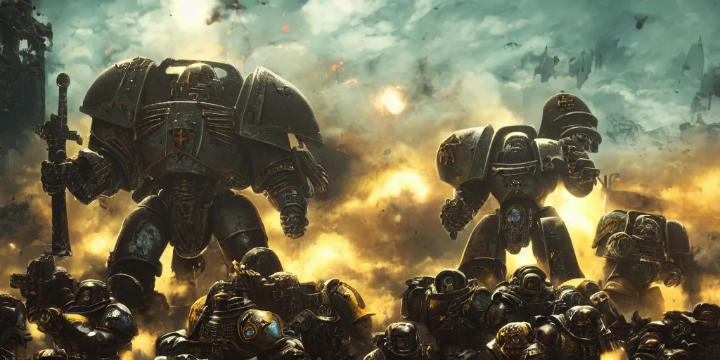 Prompt: warhammer 40k space marines on the battle field, explosions, ruins on the background, digital art, illustration, wide angle, fine details, cinematic, highly detailed, octane render, unreal engine
