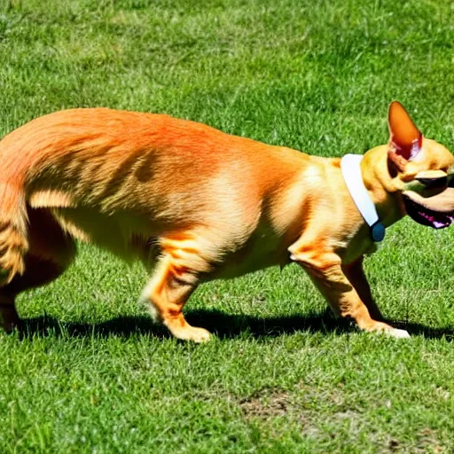 Image similar to a big fat orange cat chasing a small tan chihuahua