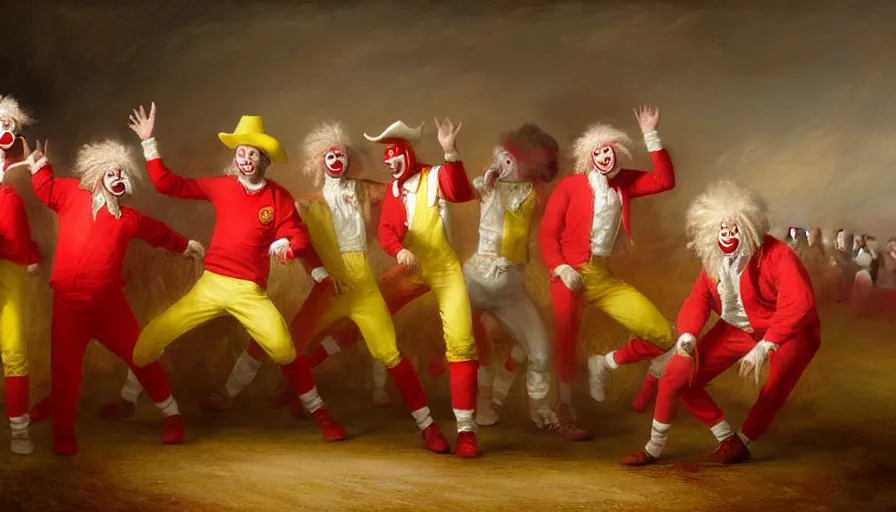 Image similar to highly detailed painting of a group of ronald mcdonalds with red afros, white facepaint, red noses and yellow tracksuits line dancing at a hoedown by william turner, by greg rutkowski, by william constable, thick brush strokes and visible paint layers, 4 k resolution