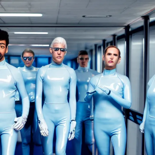 Image similar to troop of identical athletic humans with white hair wearing tight light blue latex suits, in formation, futuristic chemistry lab, sci - fi, highly detailed, hyperrealistic