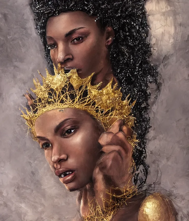 Prompt: Ultra realistic illustration, Renaissance portrait of a saintly charcoal skinned woman with an afroamerican hair wearing a gold spiked crown and a see-through lace cloth draped over her feminine body, cyberpunk, sci-fi, fantasy, intricate, elegant, highly detailed, digital painting, artstation, concept art, smooth, sharp focus, illustration, art by artgerm and greg rutkowski and alphonse mucha