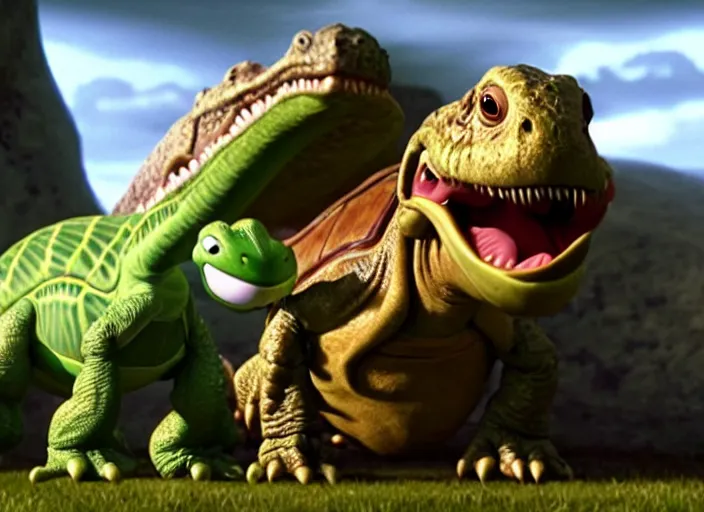 Image similar to film still of yoshi in the new sci - fi movie, upright dinosaur with a small turtle shell and long tongue, 8 k