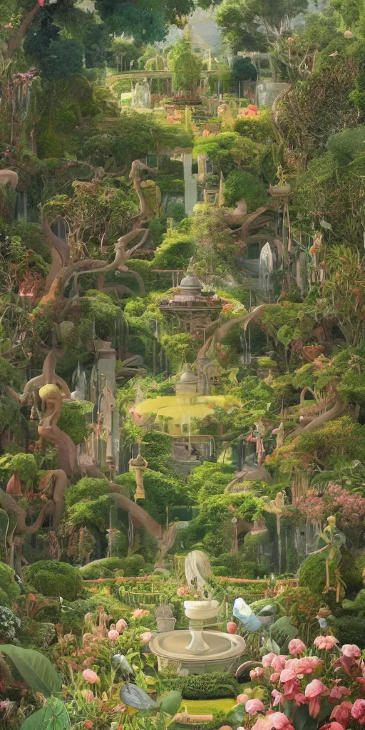 Image similar to bosch and beeple and beeple painting of a magnificent garden filled with remarkable sculptures, trees, and structures, incredible details