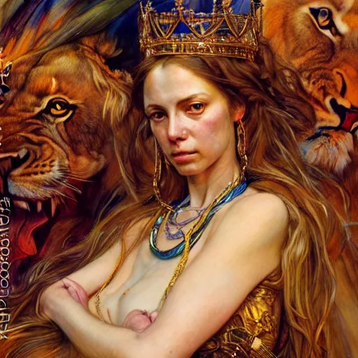 Image similar to highly detailed portrait of a majestic lioness queen in the form of a beautiful woman. d & d, art by donato giancola and ruan jia and carl larsson and eugene delacroix. trending on artstation, intricate details, energetic composition, golden ratio, concept art, illustration, elegant art