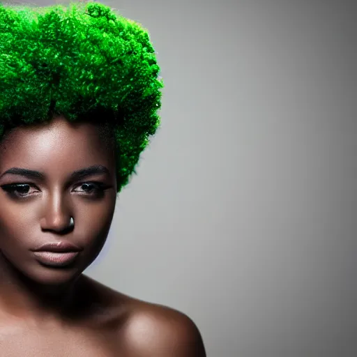 Image similar to a realistic model photoshoot of a black girl with green afro hair, beautiful, model, professional picture, realistic, 4 k, bright light, portrait