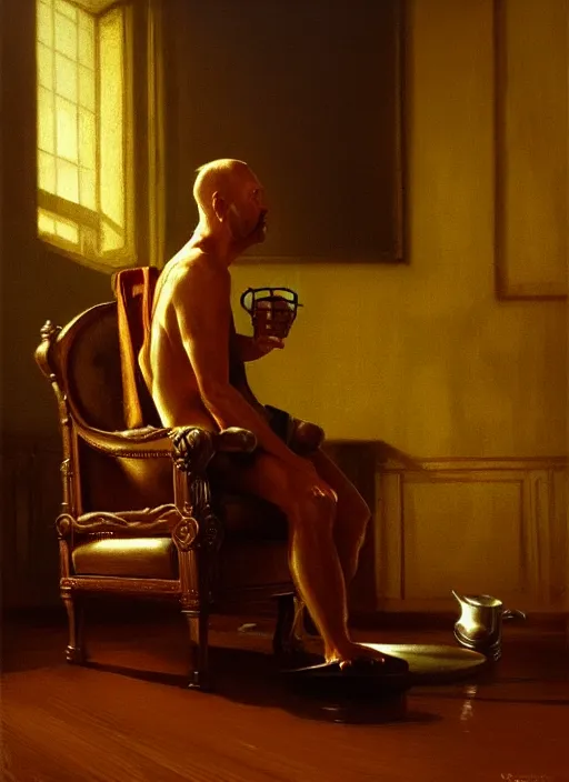 Image similar to king on a throne with a water - filled tankard in his hand in the style of michael sowa, detailed, 4 k, beautifully lit, from a film, cinematic, artstation